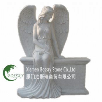 White Marble Angel Bench Tombstone